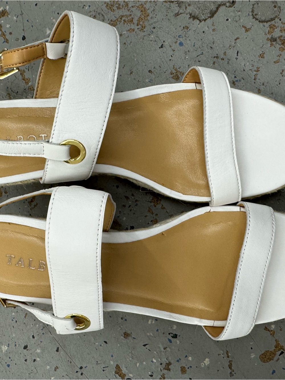 Talbots White Leather Wedge Sandals with Gold Accents